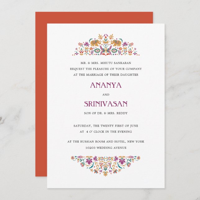 Indisk blomma Orange Elephant Formal Bröllop Inbjudningar (Fram/baksida)
