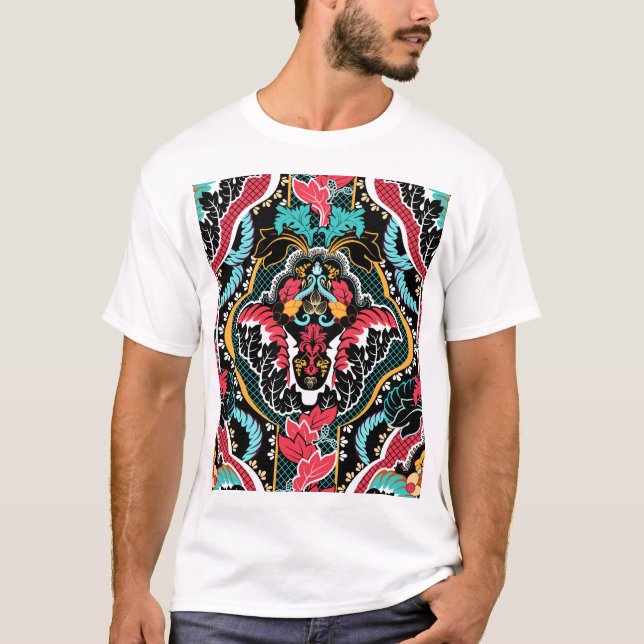 Indisk Blommigt: Vintage Sömlöst Tapet. T Shirt (Framsida)