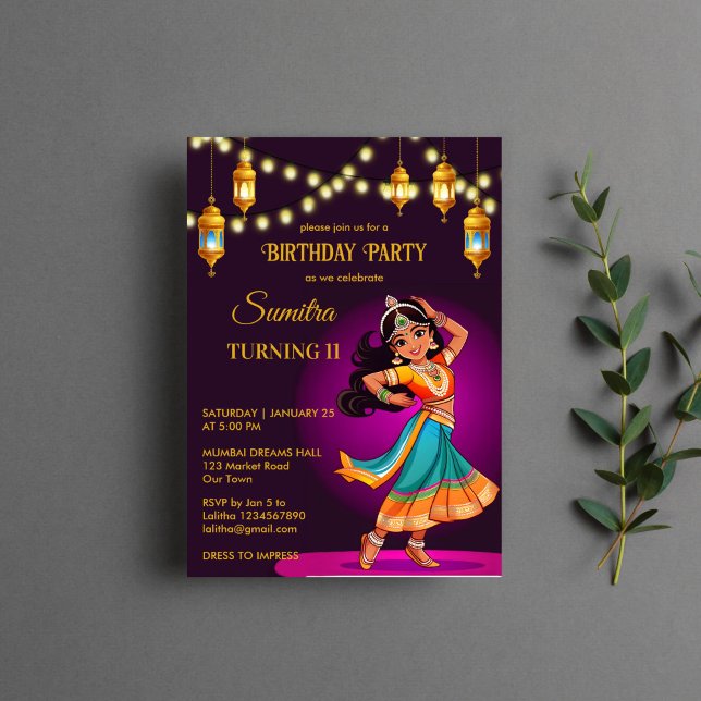 Indisk Bollywood flick kalas-mall Inbjudningar (Indian Bollywood girls birthday party template invitation digital download purple and gold cute girl)