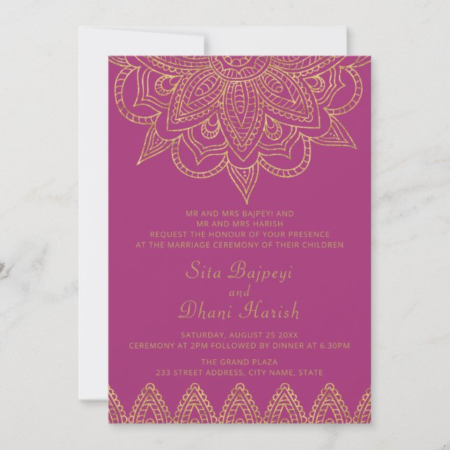 Indisk Bright Rosa Guld Mehndi Hindu Bröllop Inbjudningar (Framsida)
