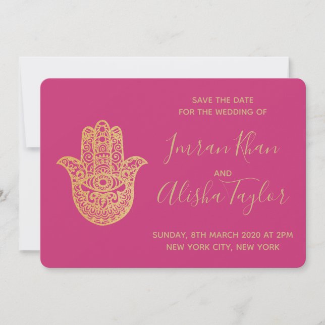 Indisk Bröllop Save the date Guld hamsa Henna Spara Datumet (Framsida)
