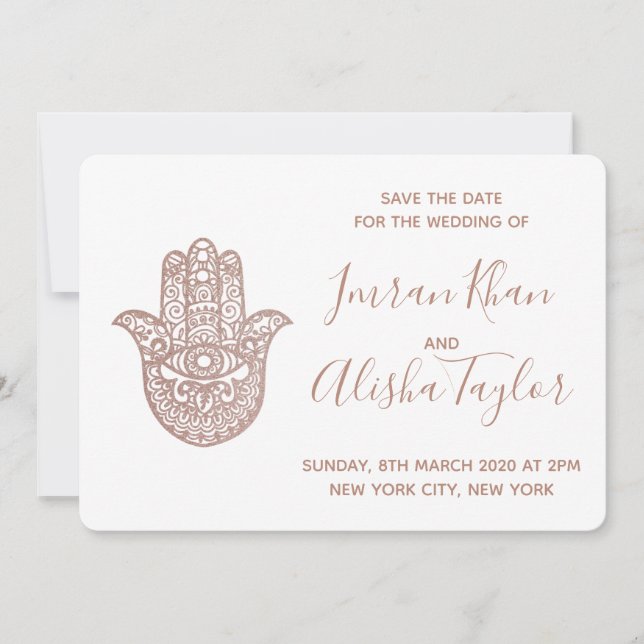 Indisk Bröllop Save the date Rosa Guld hamsa Henna Spara Datumet (Framsida)