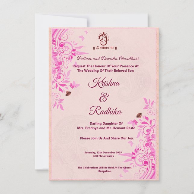 Indisk bröllops Rosa Ganesha  Meddelande (Framsida)