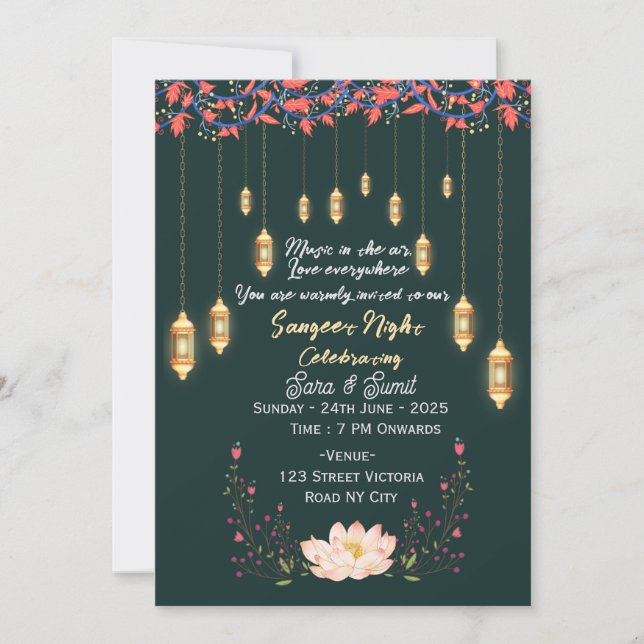 Indisk bröllops Sangeet natt ceremoni inbjudningar (Framsida)