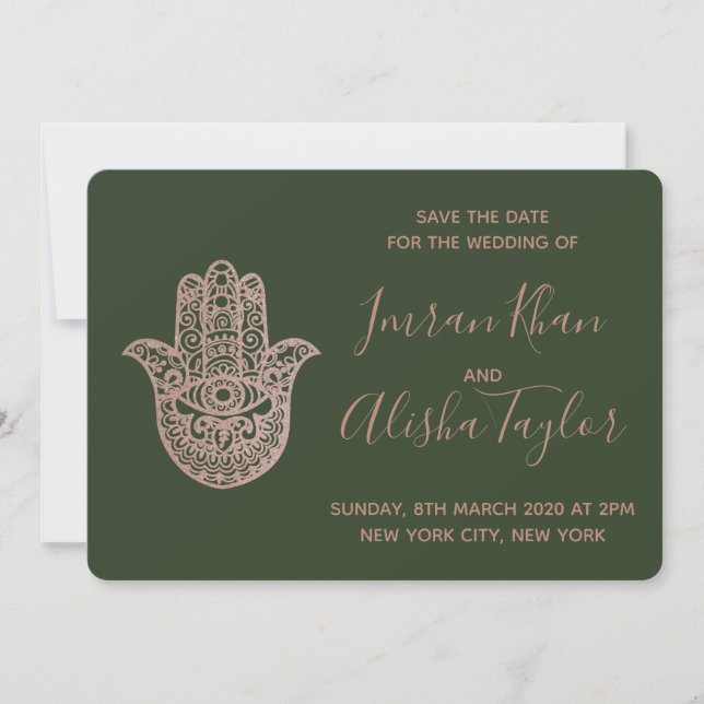 Indisk Bröllopsdag Spara datum Rose Gold hamsa Hen Datumet (Framsida)