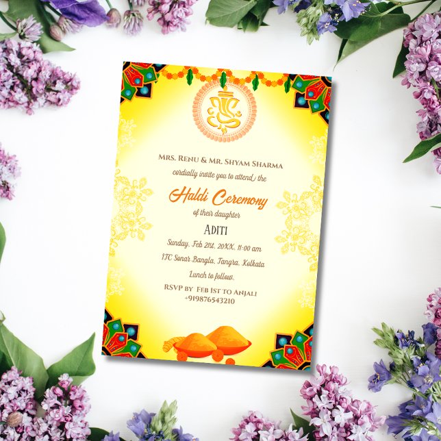 Indisk brud Haldi-ceremoni Hindu-kar Ganesha Inbjudningar (Skapare uppladdad)