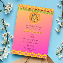 Indisk Brud Haldi Ceremoni Hindu Par Floral Inbjudningar