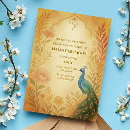 Indisk Brud Haldi Ceremoni Påfågel Blommig Inbjudningar