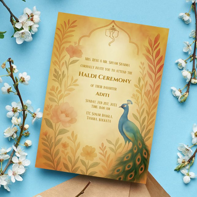 Indisk Brud Haldi Ceremoni Påfågel Blommig Inbjudningar (Skapare uppladdad)