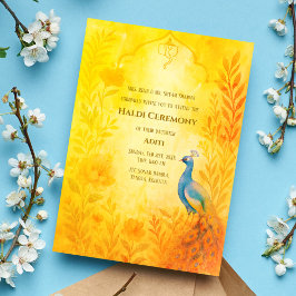 Indisk Brud Haldi Ceremoni Påfågel Blommig Inbjudningar