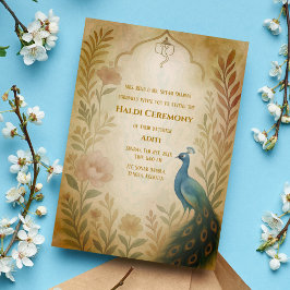 Indisk brud Haldi-ceremoni Påfågel Blommig Inbjudningar