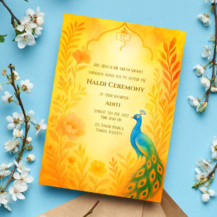 Indisk Brud Haldi Ceremoni Påfågel Blommig Inbjudningar