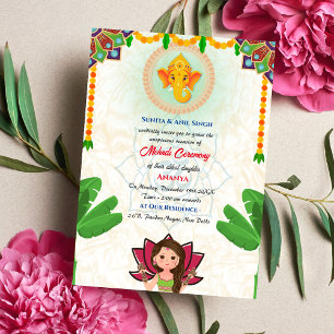 Indisk brud Mehndi-ceremoni Ganesha Bananträd Inbjudningar