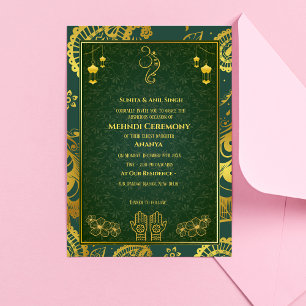 Indisk Brud Mehndi Ceremoni Guld Design Inbjudningar