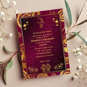Indisk Brud Mehndi Ceremoni Guld Design Inbjudningar