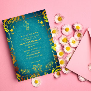 Indisk Brud Mehndi Ceremoni Guld Design Inbjudningar