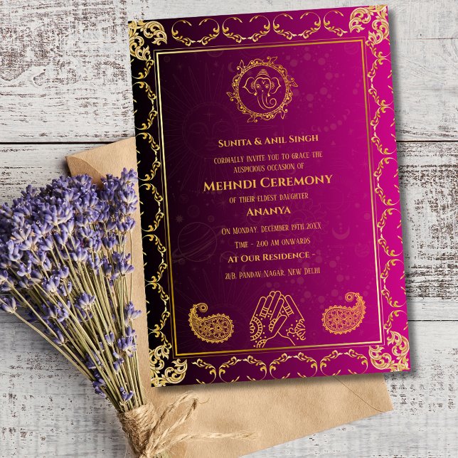 Indisk brud Mehndi-ceremoni Guld design Inbjudningar (Skapare uppladdad)