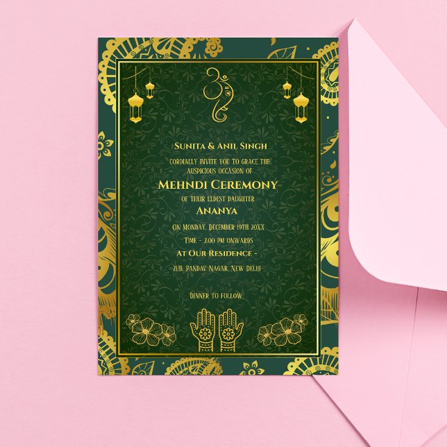 Indisk Brud Mehndi Ceremoni Guld Design Inbjudningar (Skapare uppladdad)