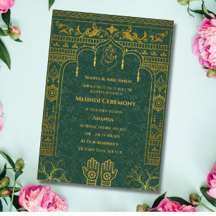 Indisk Brud Mehndi Ceremoni Guld Element Inbjudningar