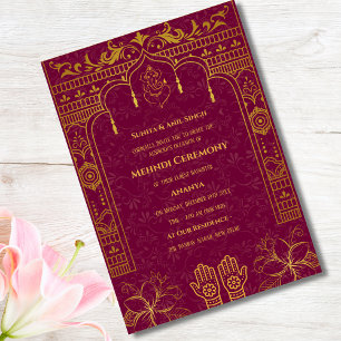 Indisk Brud Mehndi Ceremoni Gyllene Element Inbjudningar
