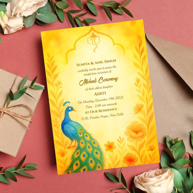 Indisk Brud Mehndi Ceremoni Påfågel Blommig Inbjudningar (Skapare uppladdad)