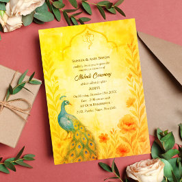 Indisk Brud Mehndi Ceremoni Påfågel Blommig Inbjudningar