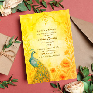 Indisk Brud Mehndi Ceremoni Påfågel Blommig Inbjudningar