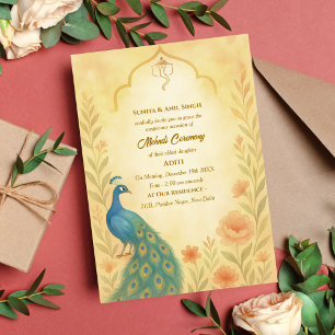 Indisk Brud Mehndi Ceremoni Påfågel Blommig Inbjudningar