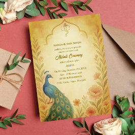 Indisk Brud Mehndi Ceremoni Påfågel Blommig Inbjudningar