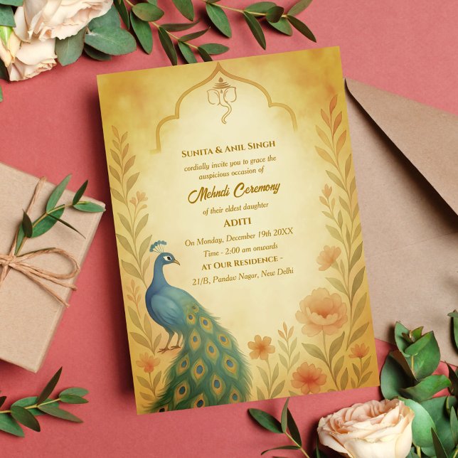 Indisk Brud Mehndi Ceremoni Påfågel Blommig Inbjudningar (Skapare uppladdad)