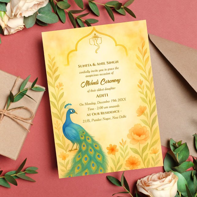 Indisk Brud Mehndi Ceremoni Påfågel Blommig Inbjudningar (Skapare uppladdad)