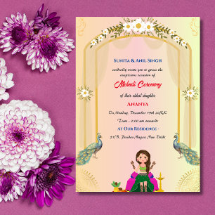 Indisk Brud Mehndi Ceremoni Påfågel Design Inbjudningar