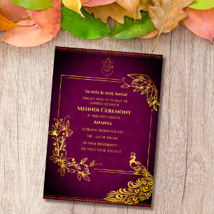 Indisk Brud Mehndi Ceremoni Påfågel Design Inbjudningar