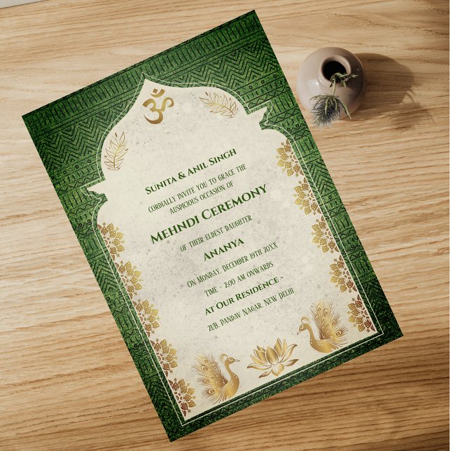Indisk Brud Mehndi Ceremoni Påfågel Design Inbjudningar (Skapare uppladdad)