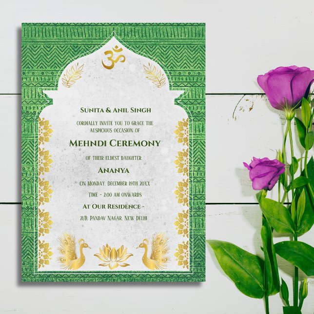 Indisk Brud Mehndi Ceremoni Påfågel Design Inbjudningar (Skapare uppladdad)