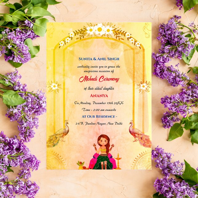 Indisk Brud Mehndi Ceremoni Påfågel Design Inbjudningar (Skapare uppladdad)