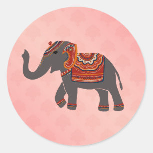 Indisk Elefant Damast Rosa Mönster Runt Klistermärke