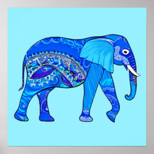Indisk elefant i Blå Arabesque Mönster Poster