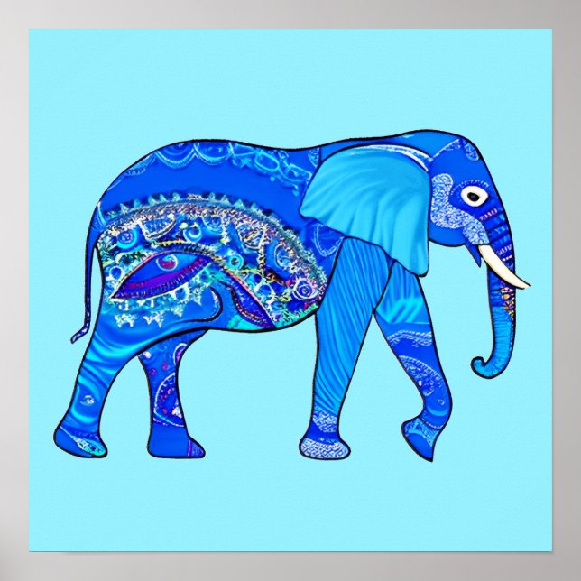 Indisk elefant i Blå Arabesque Mönster Poster (Framsidan)