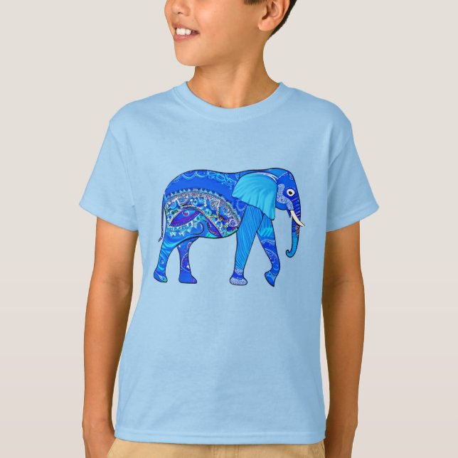 Indisk elefant i Blå Arabesque Mönster T Shirt (Framsida)