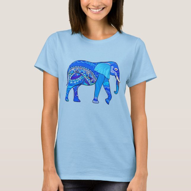 Indisk elefant i Blå Arabesque Mönster T Shirt (Framsida)