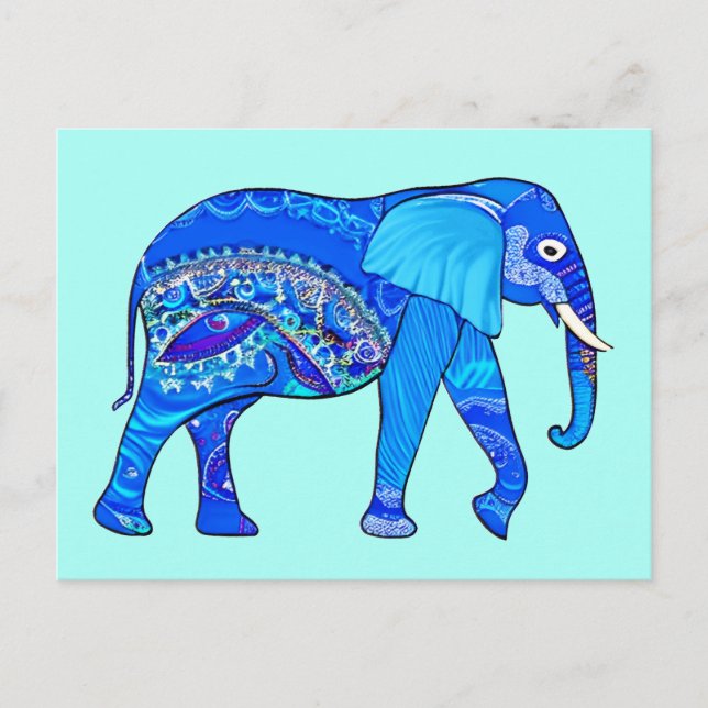 Indisk elefant i ett blått arabesk-mönster vykort (Framsida)