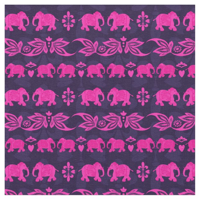 Indisk elefant Rosa Blue Sari Mönster Tyg (Närbild)