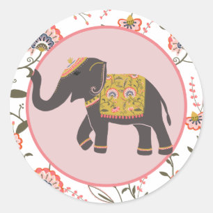 Indisk Elefant Rosa Gult Blommönster Runt Klistermärke