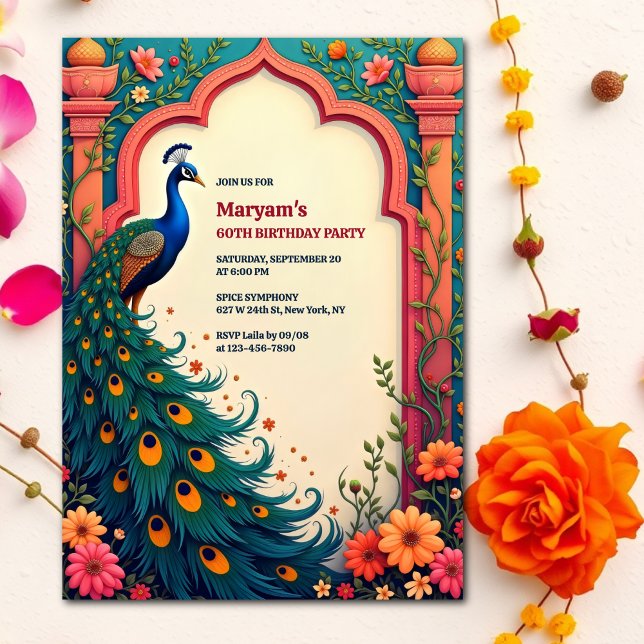 Indisk Elegant Blommigt Arch Peacock 60:e födelsed Inbjudningar (Indian Peacock Shashtipoorthi 60th Birthday Invitation)
