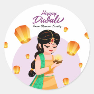 Indisk flicka med svävande lyktor Glad Diwali Runt Klistermärke