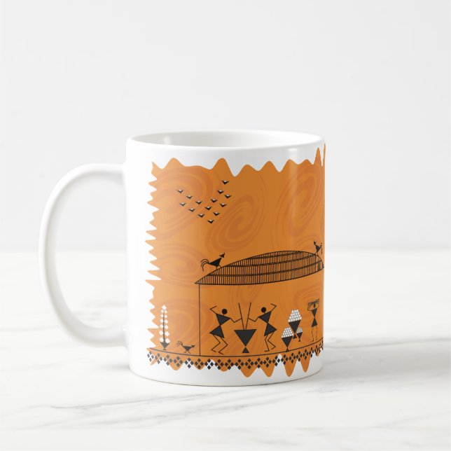 Indisk Folk konst Warli (orangen) Kaffemugg (Vänster)