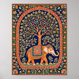 Indisk gobeläng med heligt träd och helig elefant poster