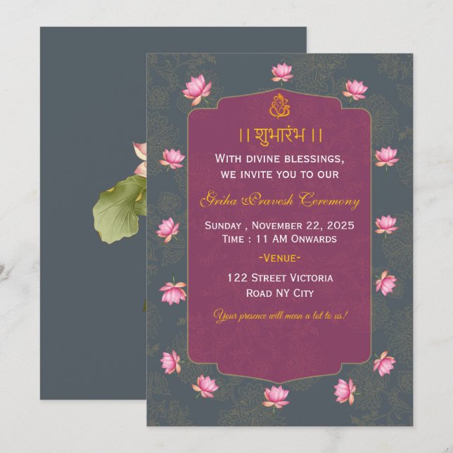Indisk Griha Pravesh-ceremoni Inbjudningskort (Fram/baksida)