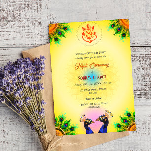 Indisk Haldi-ceremoni Hindu-par Påfågel Inbjudningar